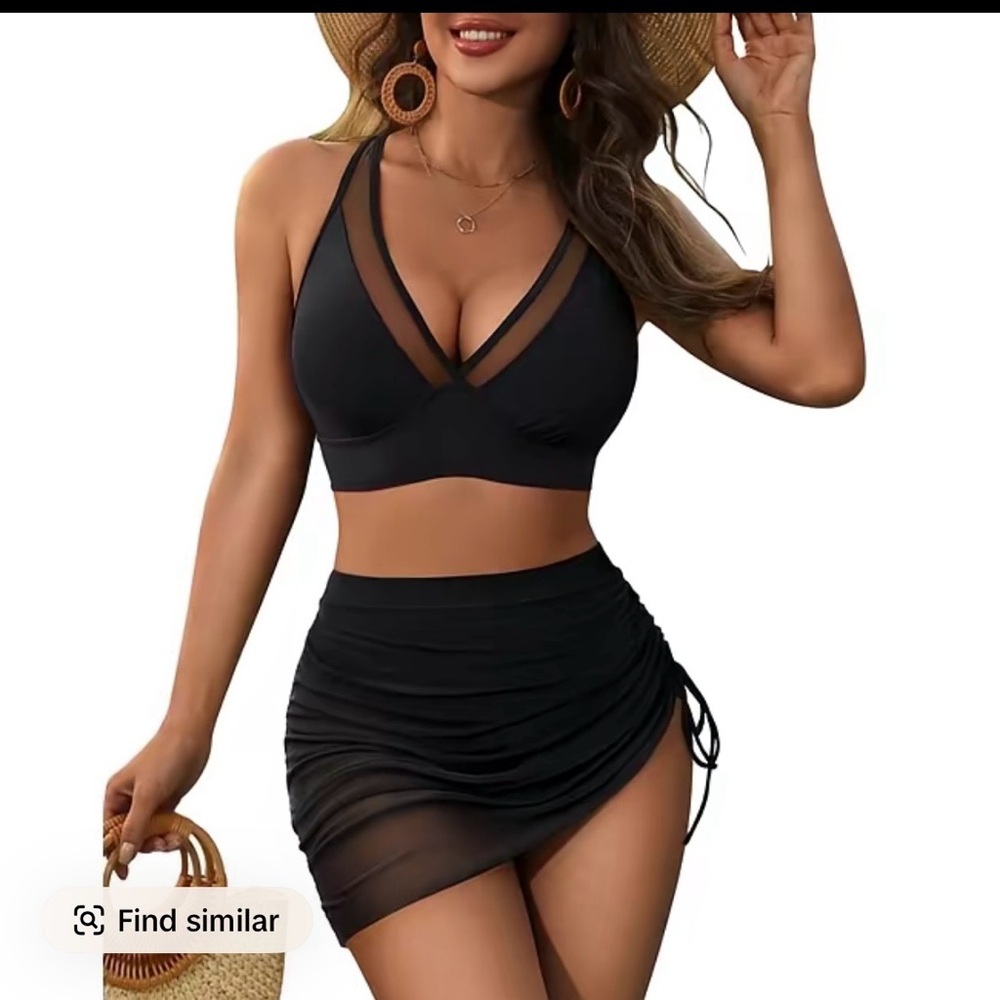 Black Mesh Trim Bikini Set with Ruched Skirt